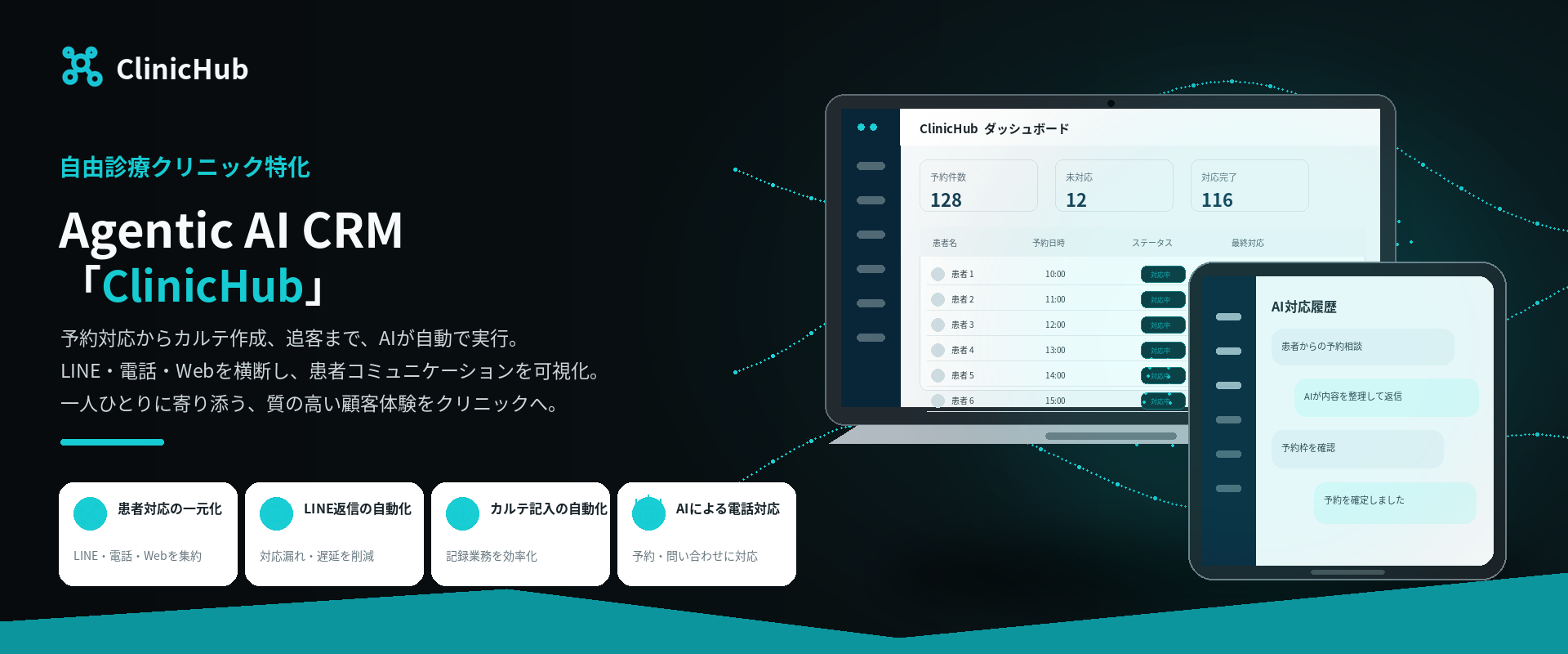 ClinicHub — 自由診療クリニック特化のAgentic AI CRM。予約対応からカルテ作成、追客まで、AIが自動で実行。LINE・電話・Webを横断し患者コミュニケーションを可視化。