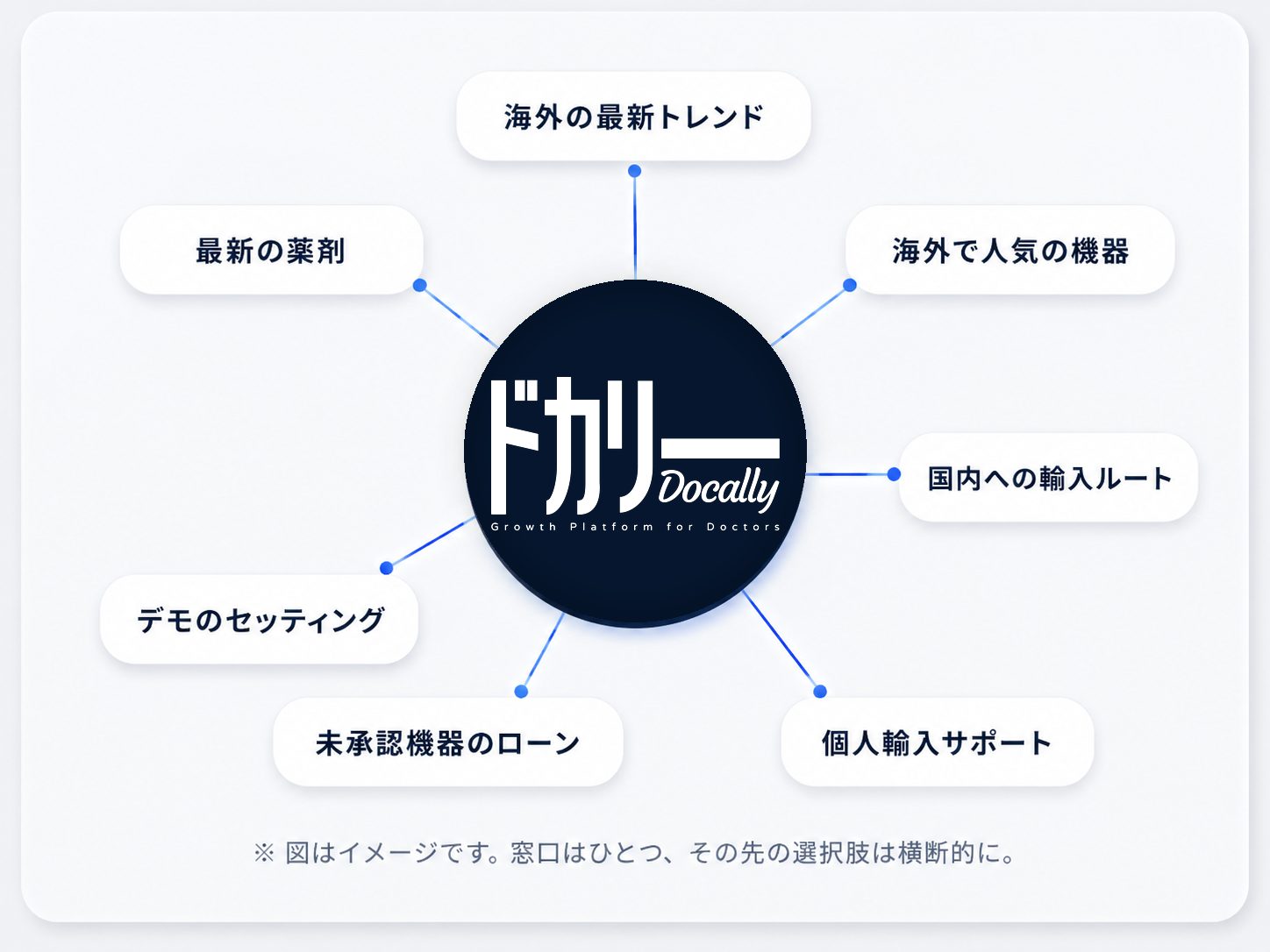 ドカリーを中心に、海外の最新トレンド・海外で人気の機器・国内への輸入ルート・個人輸入サポート・未承認機器のローン・デモのセッティング・最新の薬剤へ放射状につながるゲートウェイ図