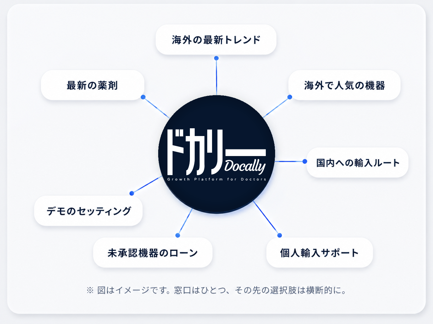 ドカリーを中心に、海外の最新トレンド・海外で人気の機器・国内への輸入ルート・個人輸入サポート・未承認機器のローン・デモのセッティング・最新の薬剤へ放射状につながるゲートウェイ図
