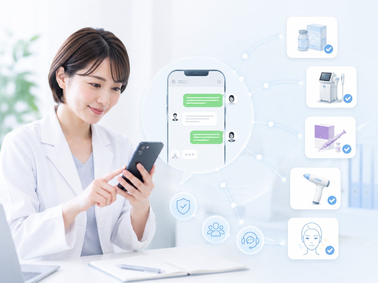 スマホでLINE相談する医師と、つながる最新機器のイメージ