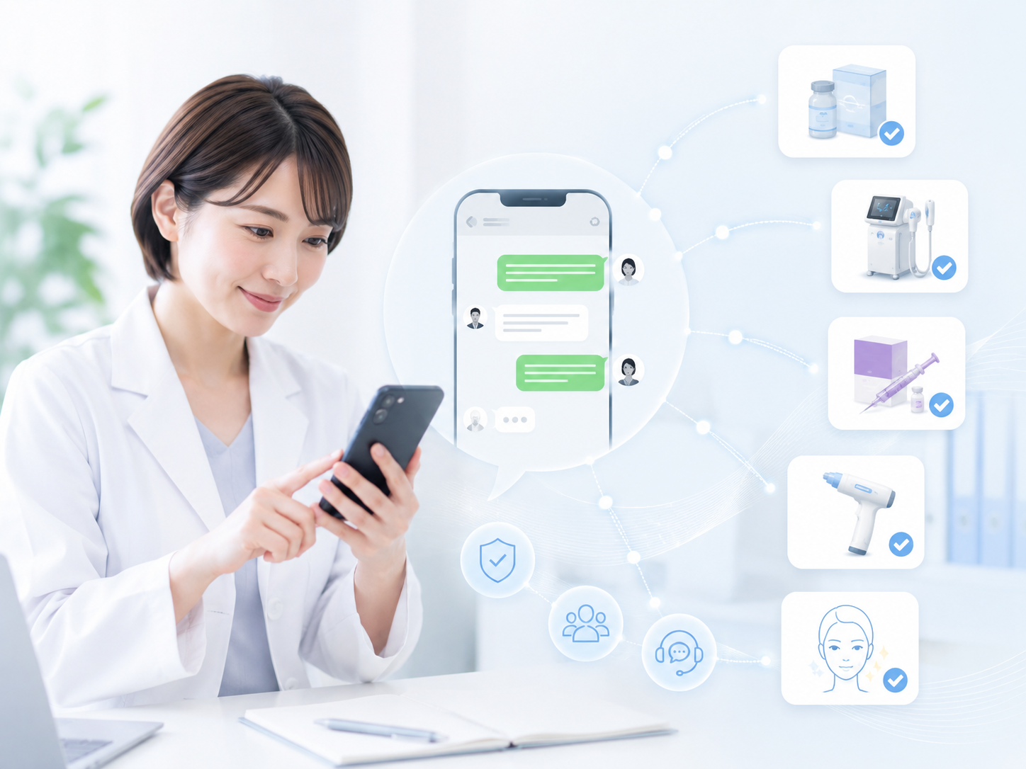 スマホでLINE相談する医師と、つながる最新機器のイメージ